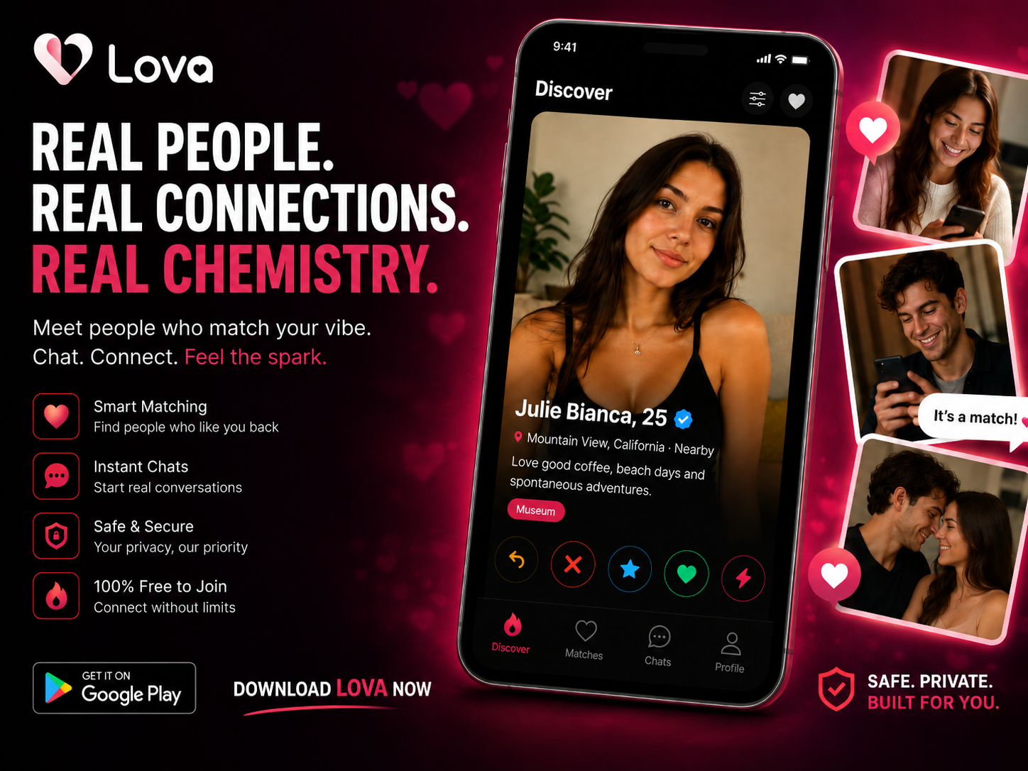Promotional card for Lova, a dating app with swipe, match and chat