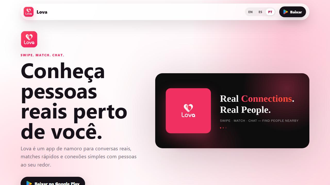 Página do aplicativo Lova Dating